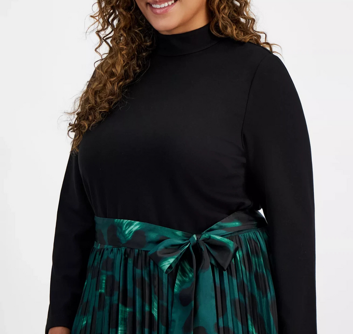 Anne Klein Plus Size Mixed-Media Pleated Midi Dress MSRP $159