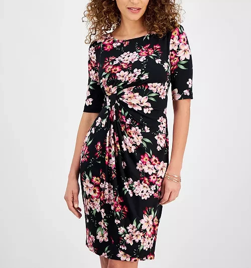 Connected Petite Ruched Side-Tab Elbow-Sleeve Dress MSRP $69