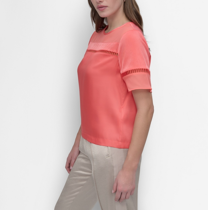 DKNY Women's Crewneck Ladder-Lace-Inset Short-Sleeve Top MSRP $69