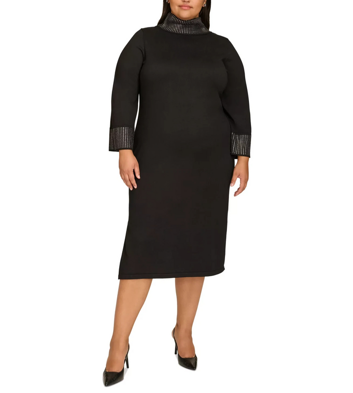 Calvin Klein Plus Size Embellished Mock Neck Long-Sleeve Dress MSRP $149