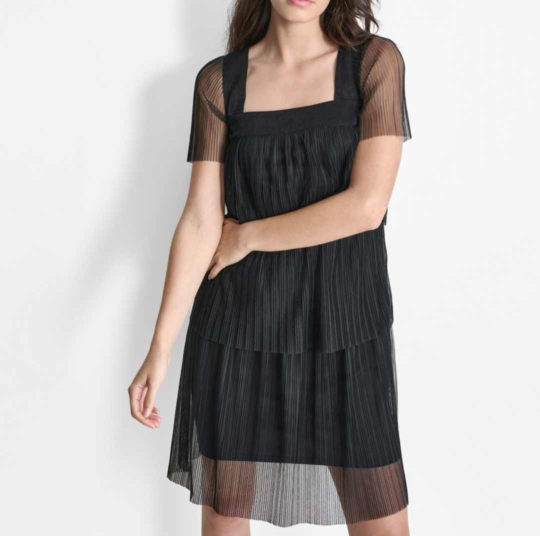 Dkny Women's Square-Neck Sheer-Sleeve Tiered Dress MSRP $139