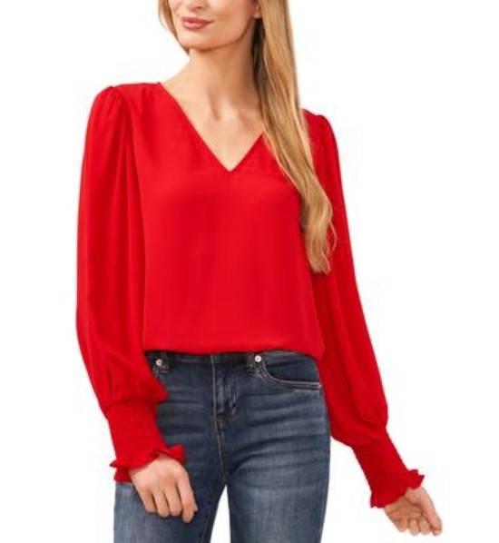 CeCe V Neck Smocked Cuff Top MSRP $69