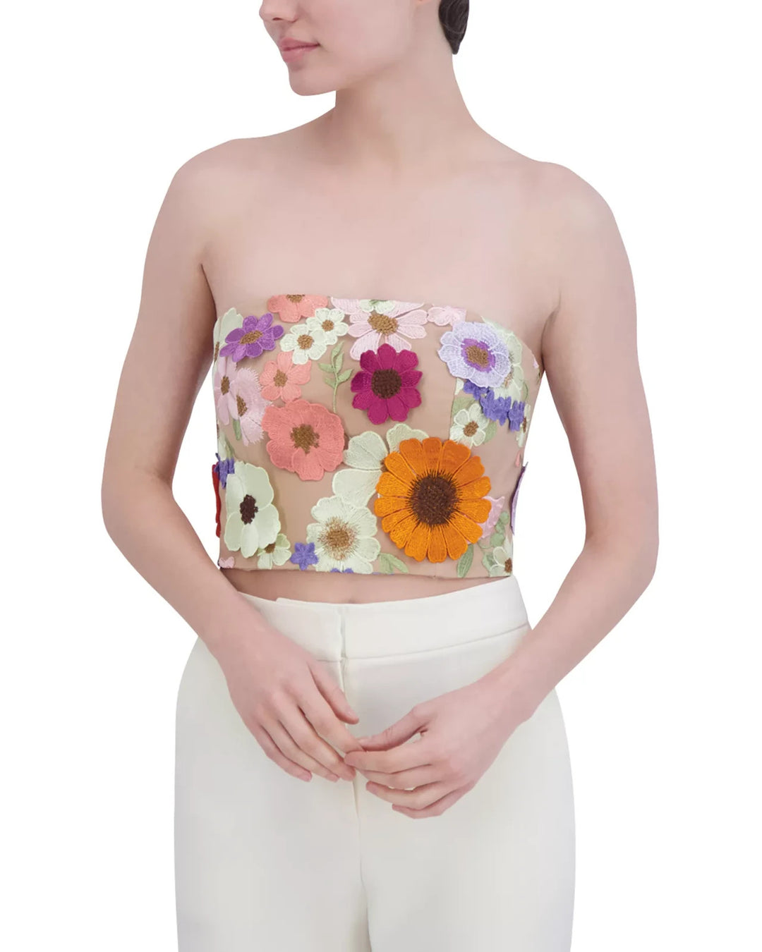 BCBGMAXAZRIA Tulle Floral Embroidered Crop Top MSRP $298