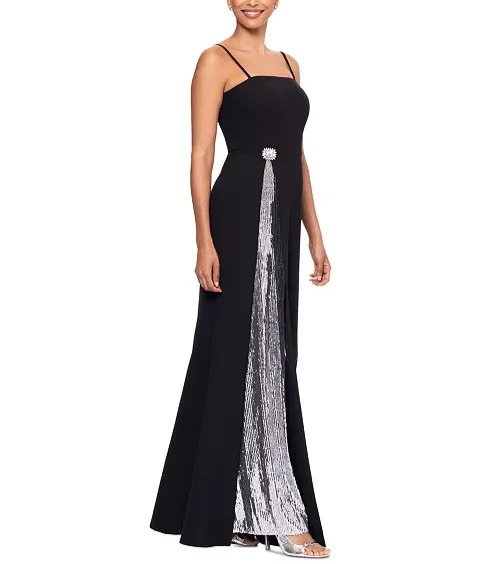 Betsy & Adam Sequin-Trim Square-Neck Sleeveless Gown MSRP $299