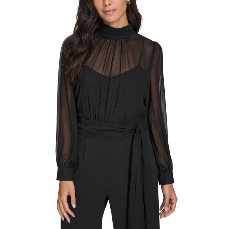 Calvin Klein Mock-Neck Chiffon-Top Straight-Leg Jumpsuit MSRP $159