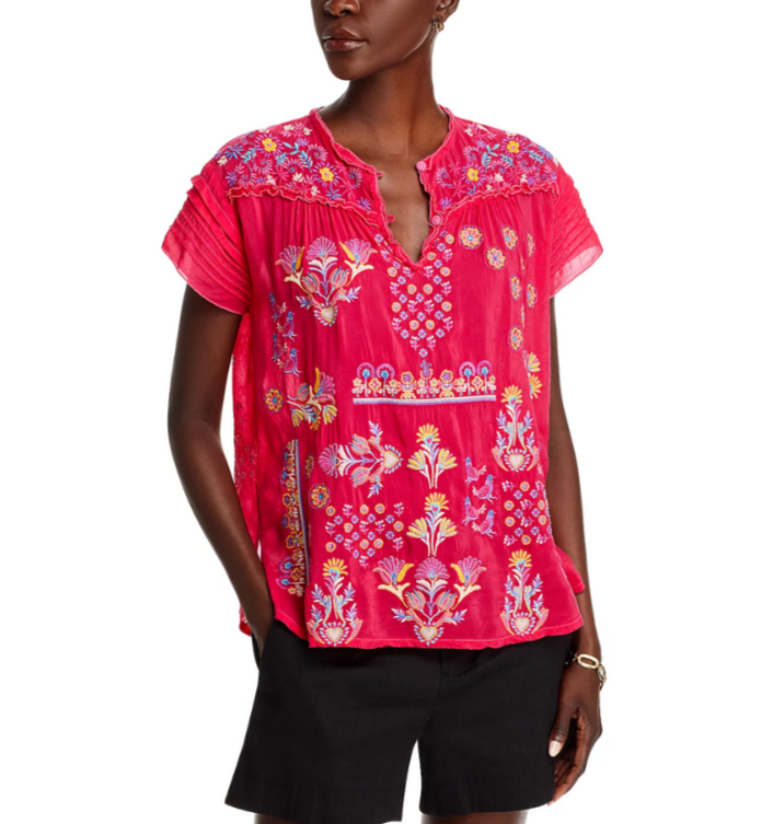 Johnny Was Laferet Embroidered Split Neck Blouse MSRP $295