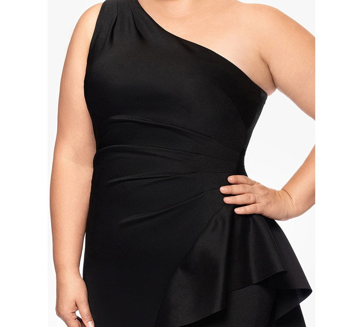 XSCAPE Plus Size Cascading One-Shoulder Gown MSRP $269