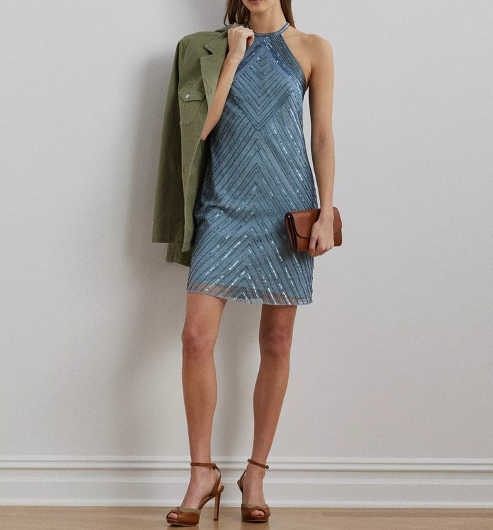 Lauren Ralph Lauren Women's Beaded Mesh Halter Cocktail Dress MSRP $395
