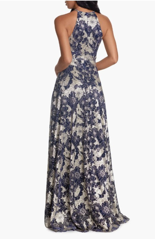Betsy & Adam Metallic Floral Halter Gown MSRP $279