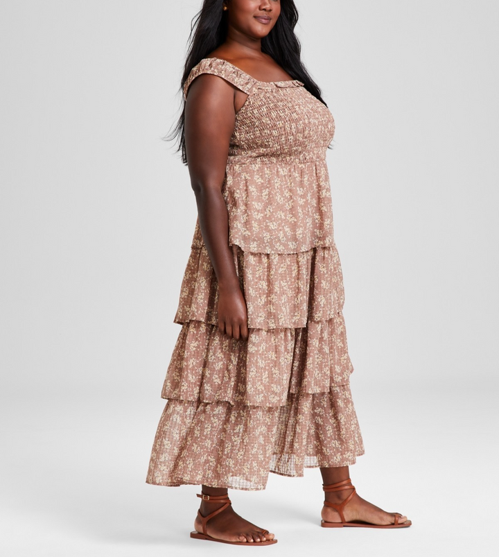 And Now This Plus Size Printed Tiered Smocked Maxi Dress MSRP $59.50