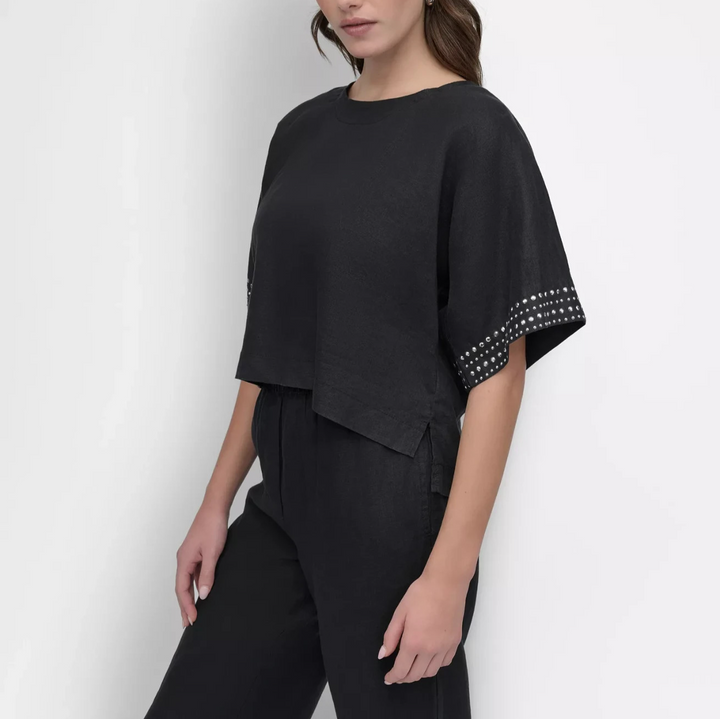 DKNY Women's Cropped Short-Sleeve Studded Linen Top MSRP $89