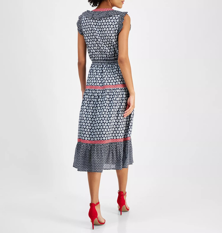 Nautica Jeans Women's Mixed-Print Tiered Midi Dress MSRP $119