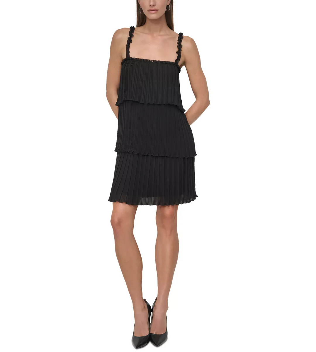 DKNY Women's Pleated Tiered Chiffon A-Line Sleeveless Dress - Black