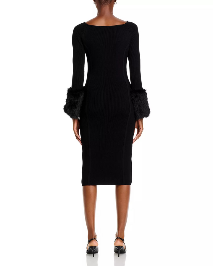 Adrienne Landau Flare Sleeved Faux Fur Cuff Rib Dress MSRP $275