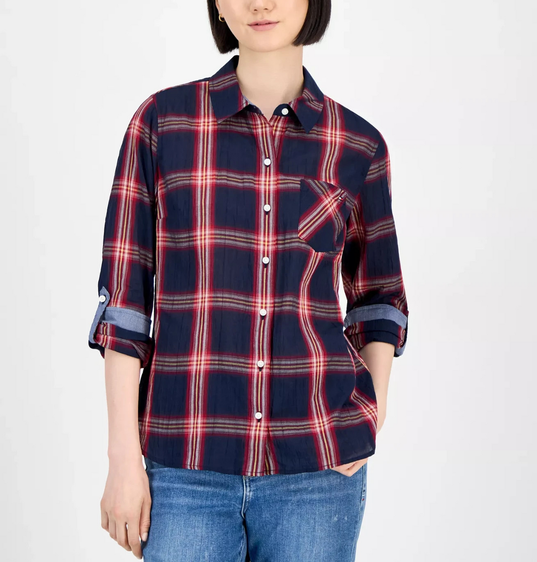 Tommy Hilfiger Crinkled Plaid Button-Front Shirt MSRP $69