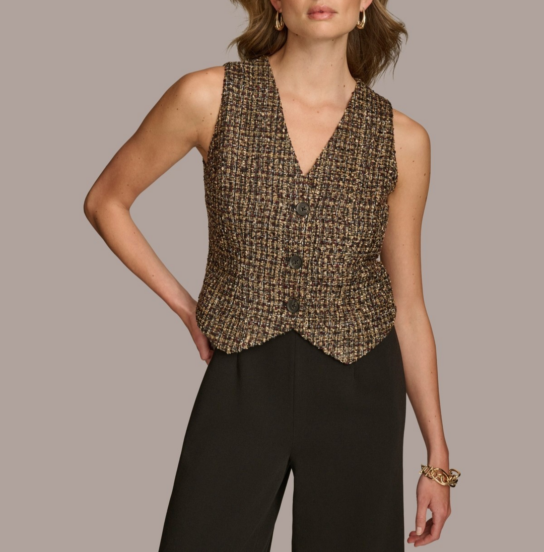 Donna Karan Tweed-Bodice Wide-Leg Jumpsuit MSRP $199