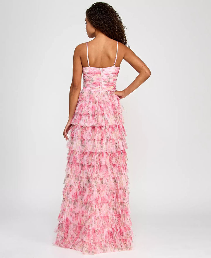 B Darlin Juniors' Floral Ruffle-Tiered Straight-Neck Gown MSRP $159