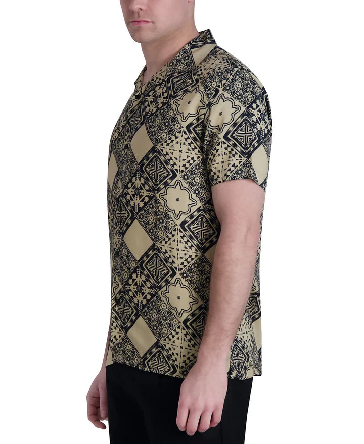 KARL LAGERFELD PARIS Geometric Tile-Print Button-Down Camp Shirt MSRP $119