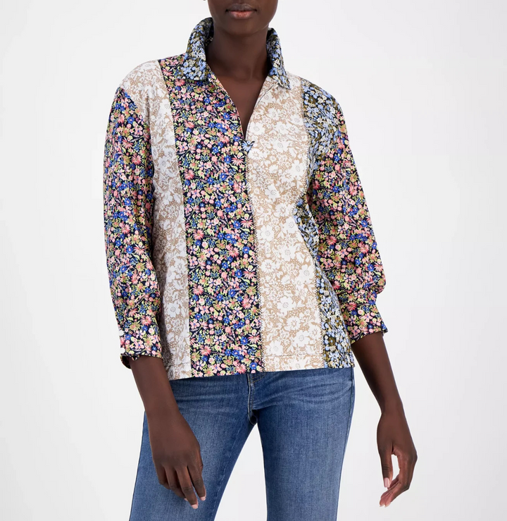 Nautica Jeans Women's Pieced Floral-Print Collared Top MSRP $69.50