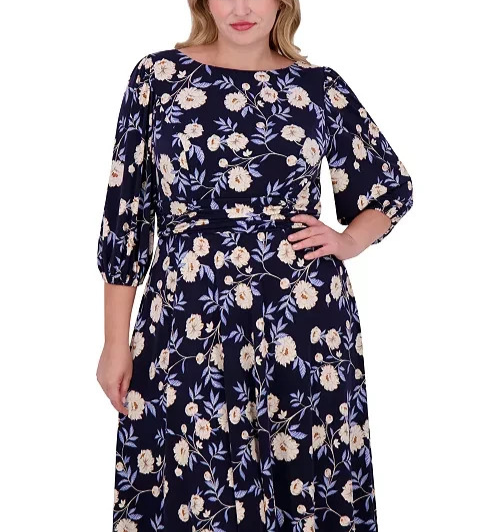 Jessica Howard Plus Size Floral-Print Gathered-Waist Dress MSRP $119