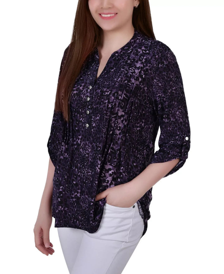 NY Collection Petite Pintuck Roll Tab Sleeve Top MSRP $44
