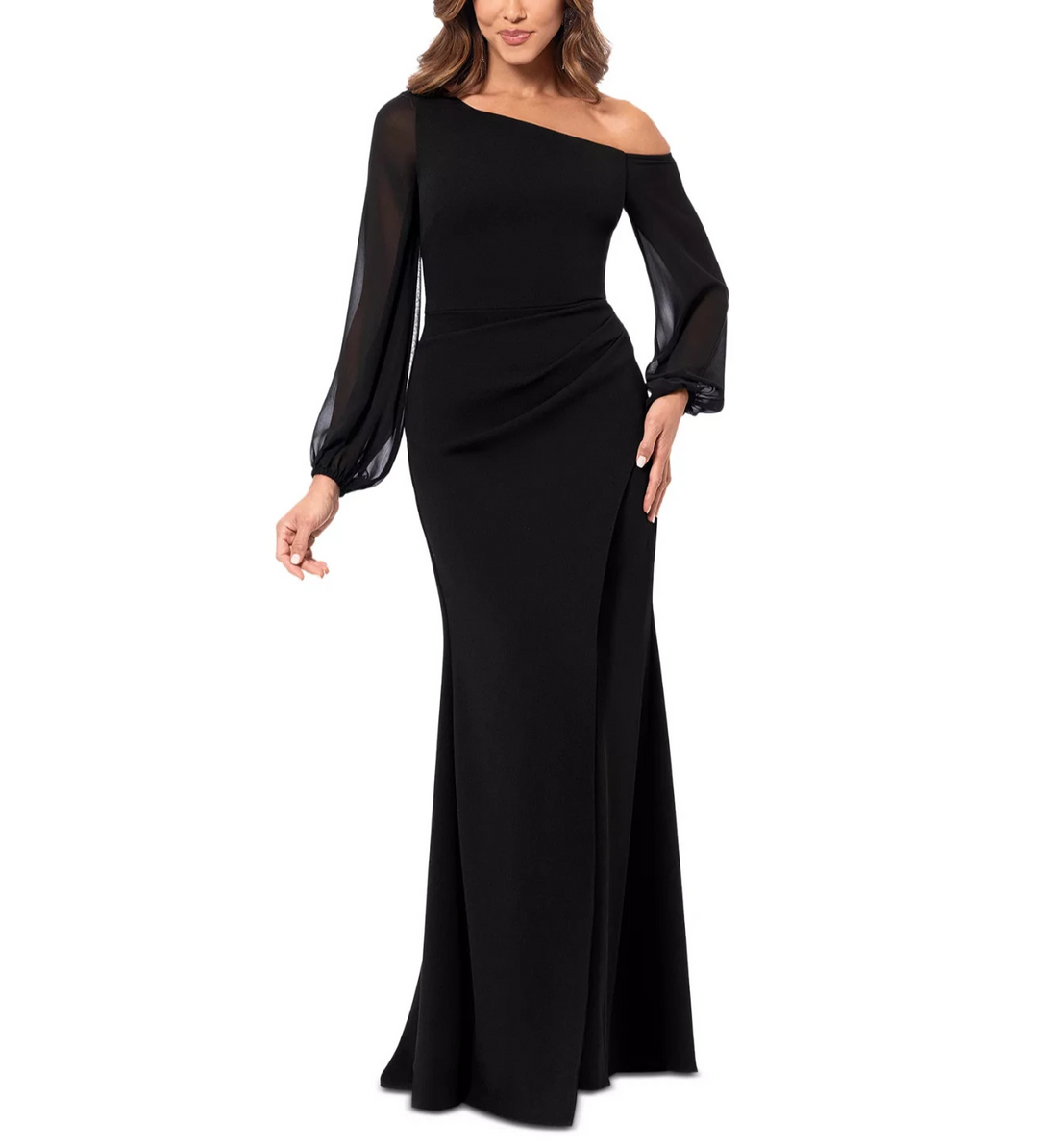 Betsy & Adam  One-Shoulder Sheer-Sleeve Evening Gown MSRP $259
