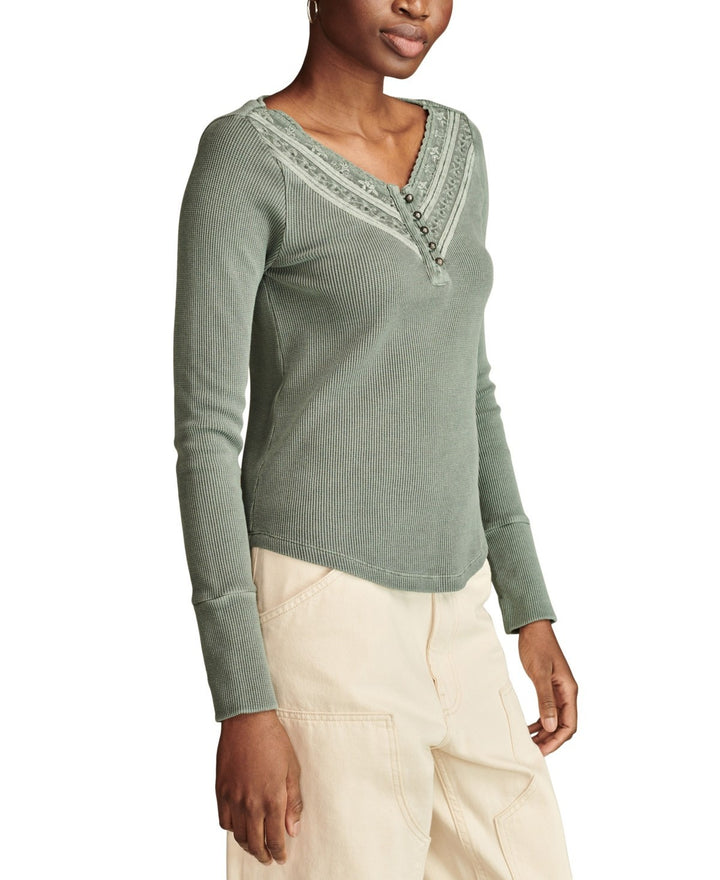Lucky Brand Embroidered Mesh Henley Top MSRP $59