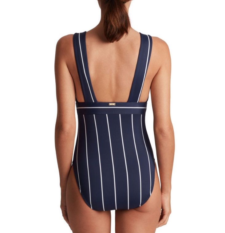 Lauren Ralph Lauren Striped V-Neck One-Piece Swimsuit MSRP $155