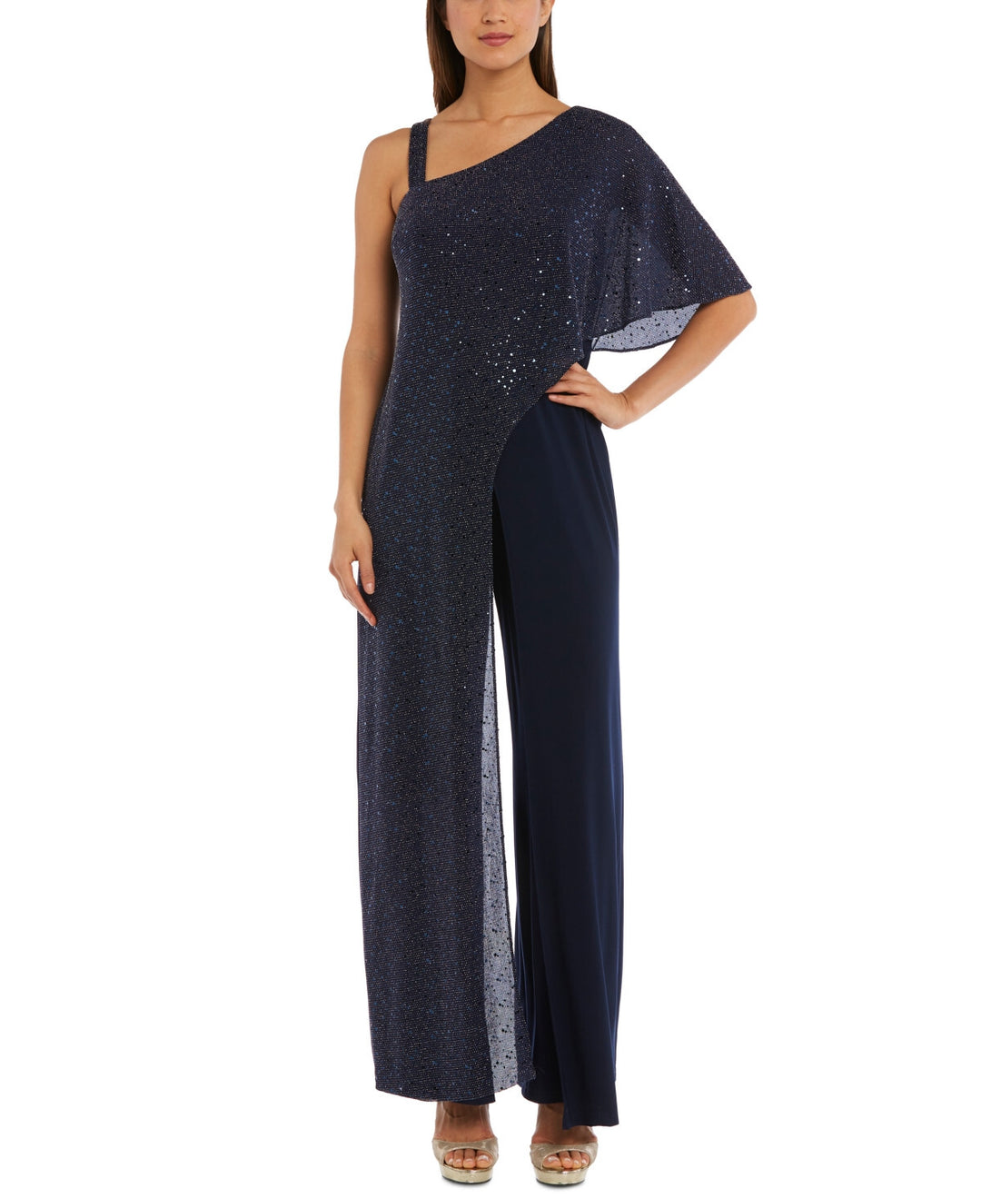 R & M Richards One-Shoulder Metallic Jumpsuit MSRP $99