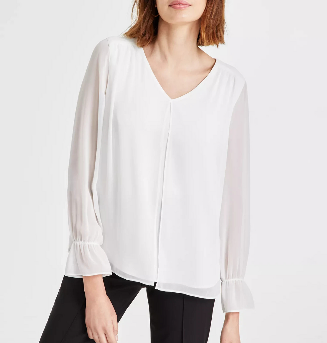Kasper Women's V-Neck Double-Layer Long-Sleeve Blouse MSRP $79