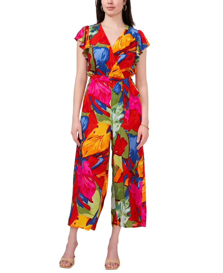 Sam & Jess Printed Tie-Waist Flutter-Sleeve V-Neck Jumpsuit MSRP $89