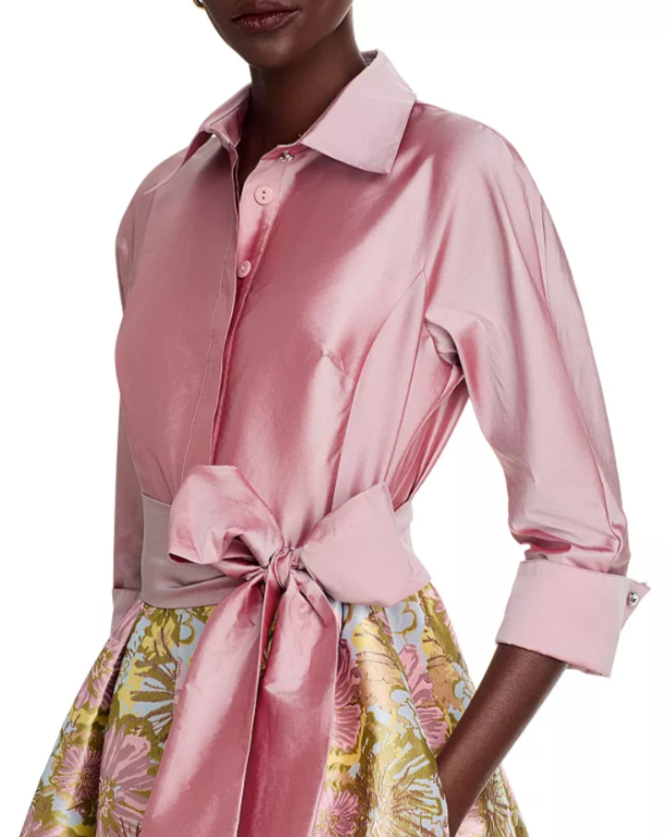 Teri Jon by Rickie Freeman Mixed Media Floral Jacquard Shirt Dress MSRP $610