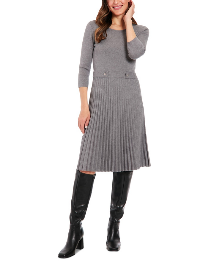 London Times Women's 3/4-Sleeve Pleated Fit & Flare Dress MSRP $89