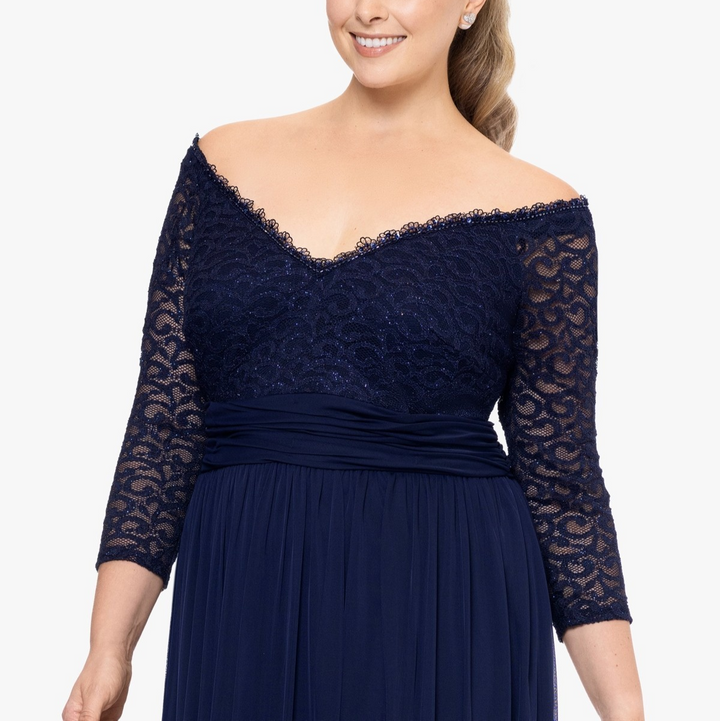 B&A by Betsy & Adam Plus Size Lace Off-the-Shoulder 3/4-Sleeve Gown MSRP $219