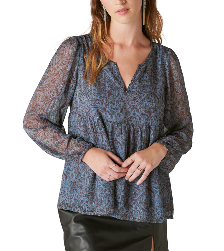 Lucky Brand Paisley-Print Split-Neck Peasant Top MSRP $89