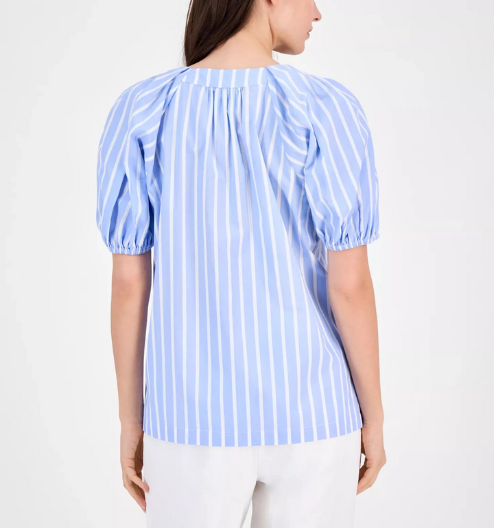 Anne Klein Women's Cotton Poplin Striped Puff-Sleeve Blouse MSRP $79