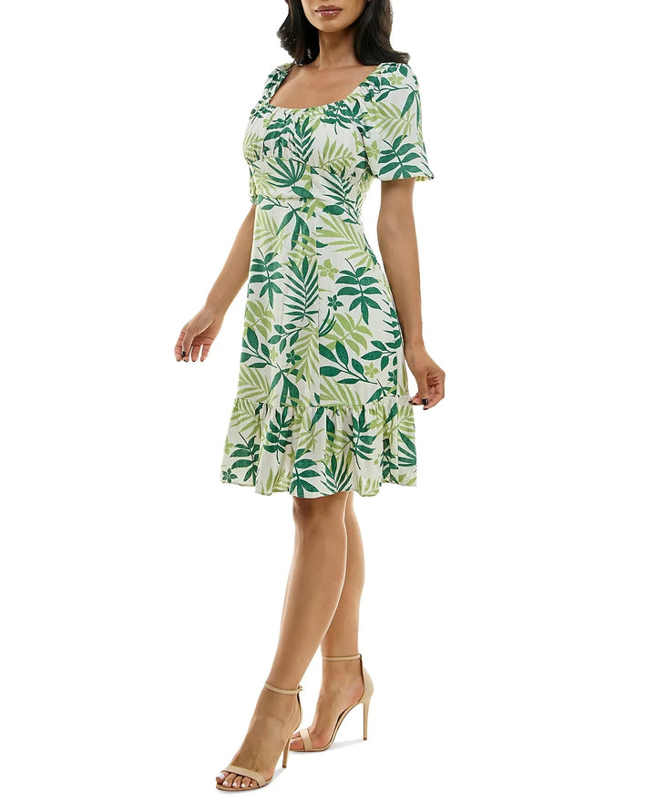 Dylan Ryan Juniors' Leaf-Print Puff-Sleeve Dress MSRP $49