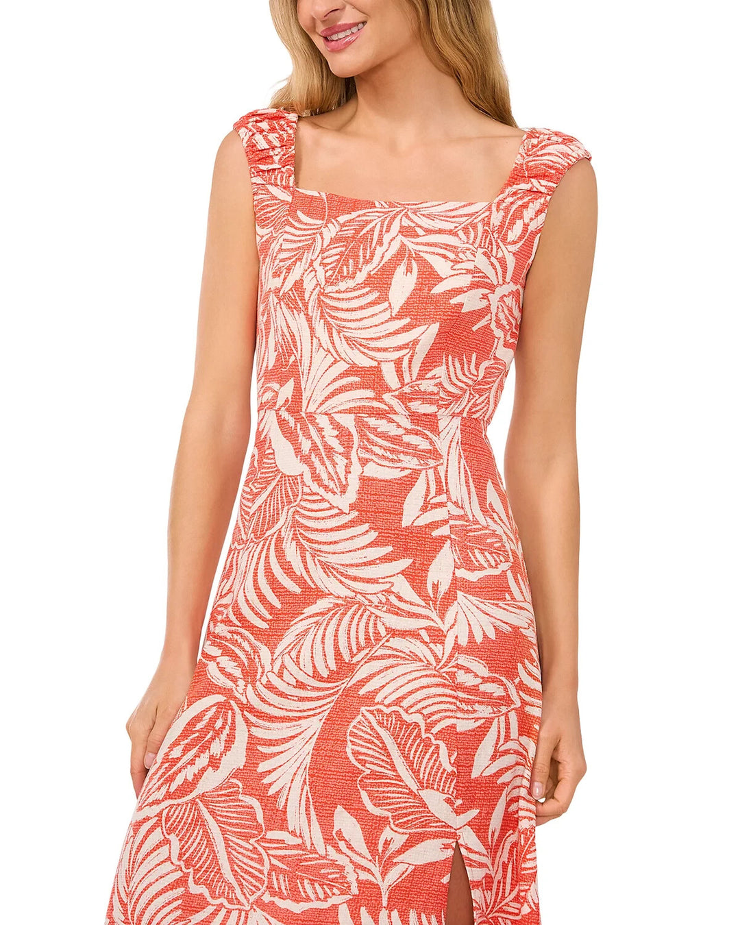 CeCe Square Neck Ruched Strap Midi Dress MSRP $139