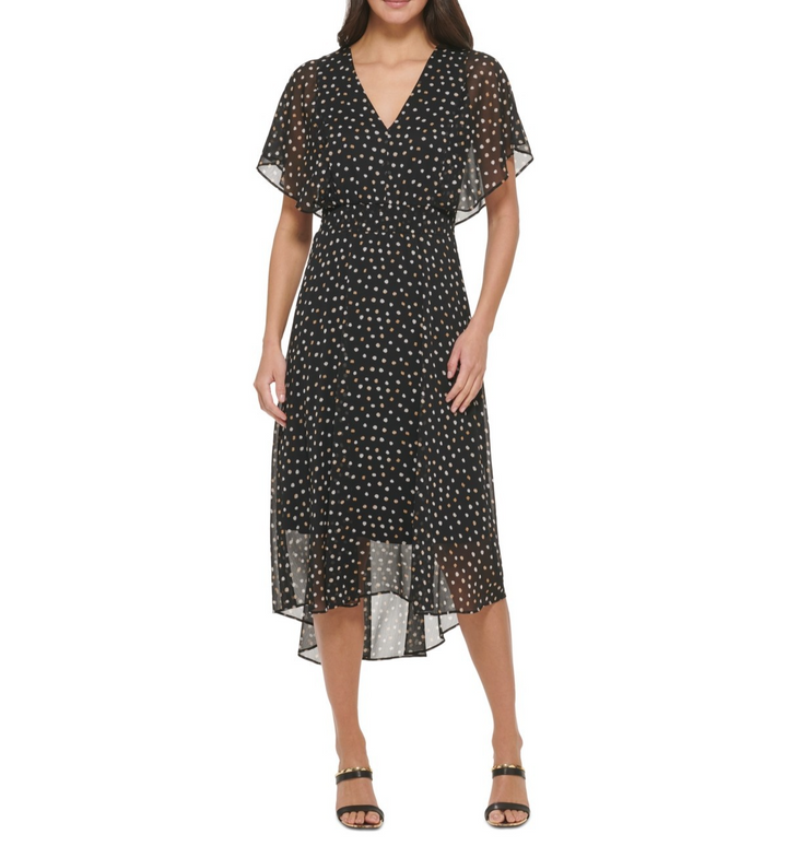 DKNY Polka Dot V-Neck Short Sleeve Fit & Flare Dress MSRP $129