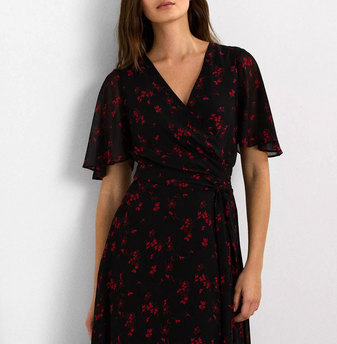 Lauren Ralph Lauren Floral Belted Crinkle Georgette Dress MSRP $ 145