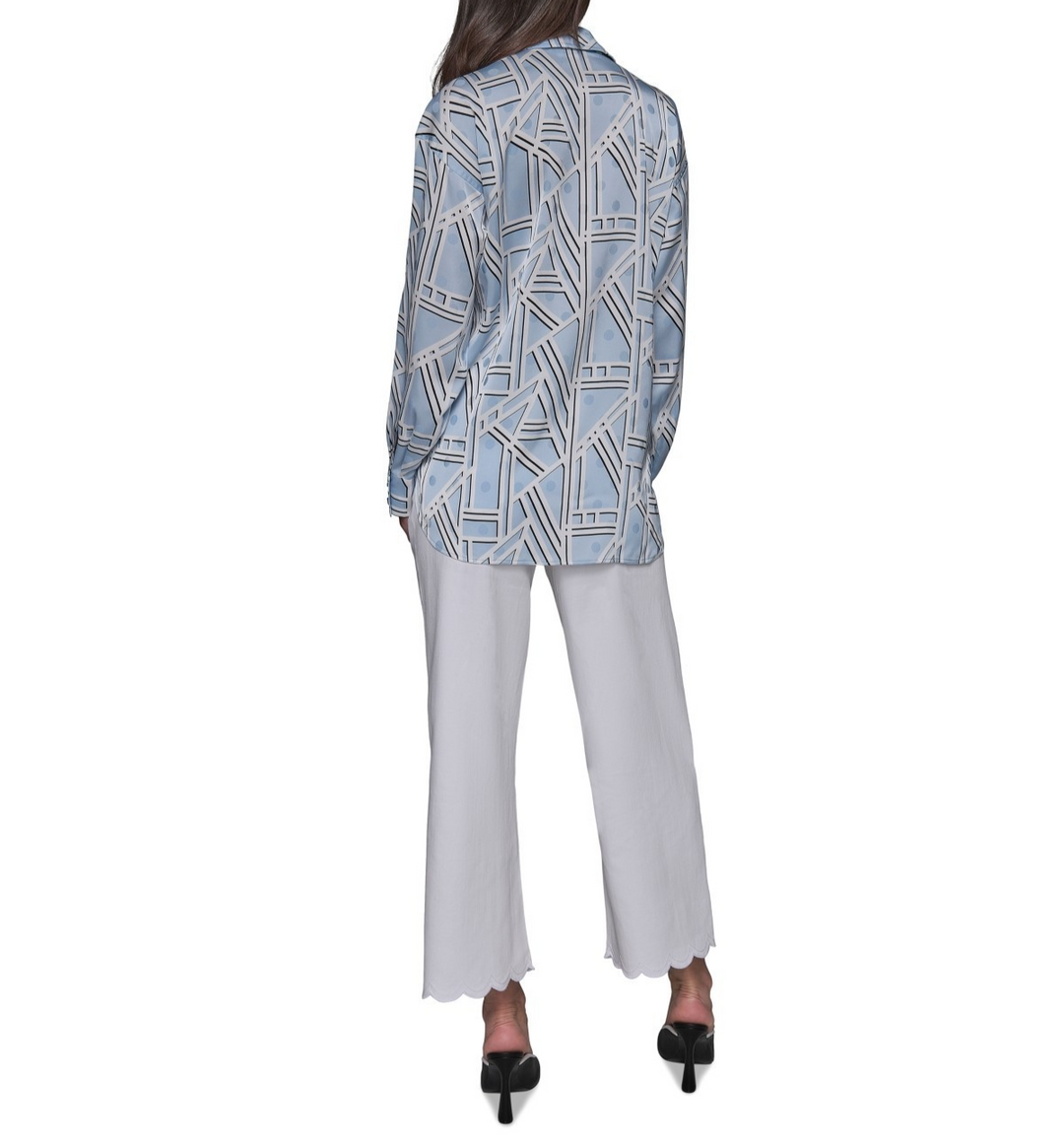 KARL LAGERFELD PARIS Satin Geo-Print Oversized Button-Front Top MSRP $89