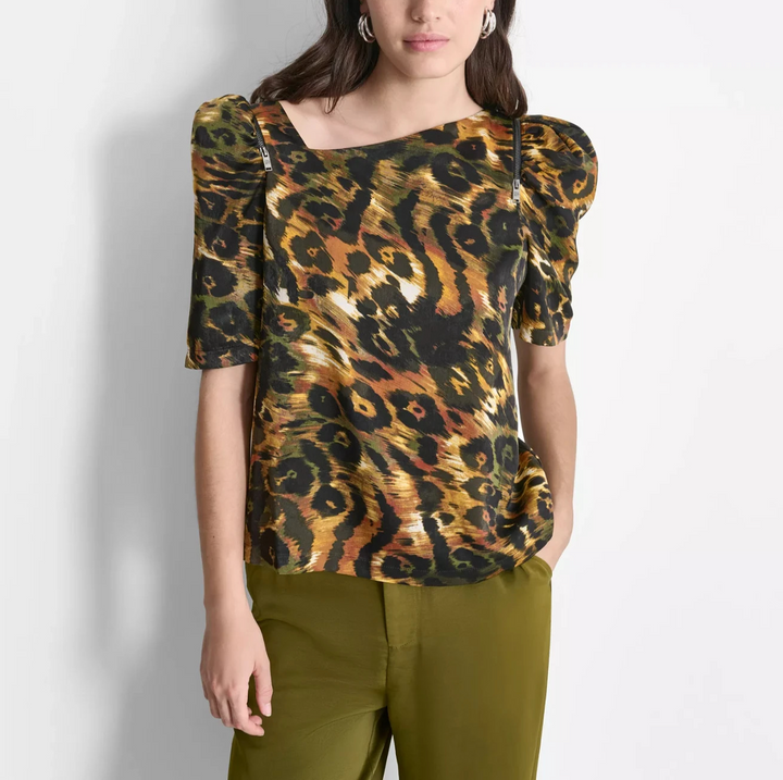 DKNY Women's Printed Asymmetric Zip-Shoulder Blouse MSRP $89