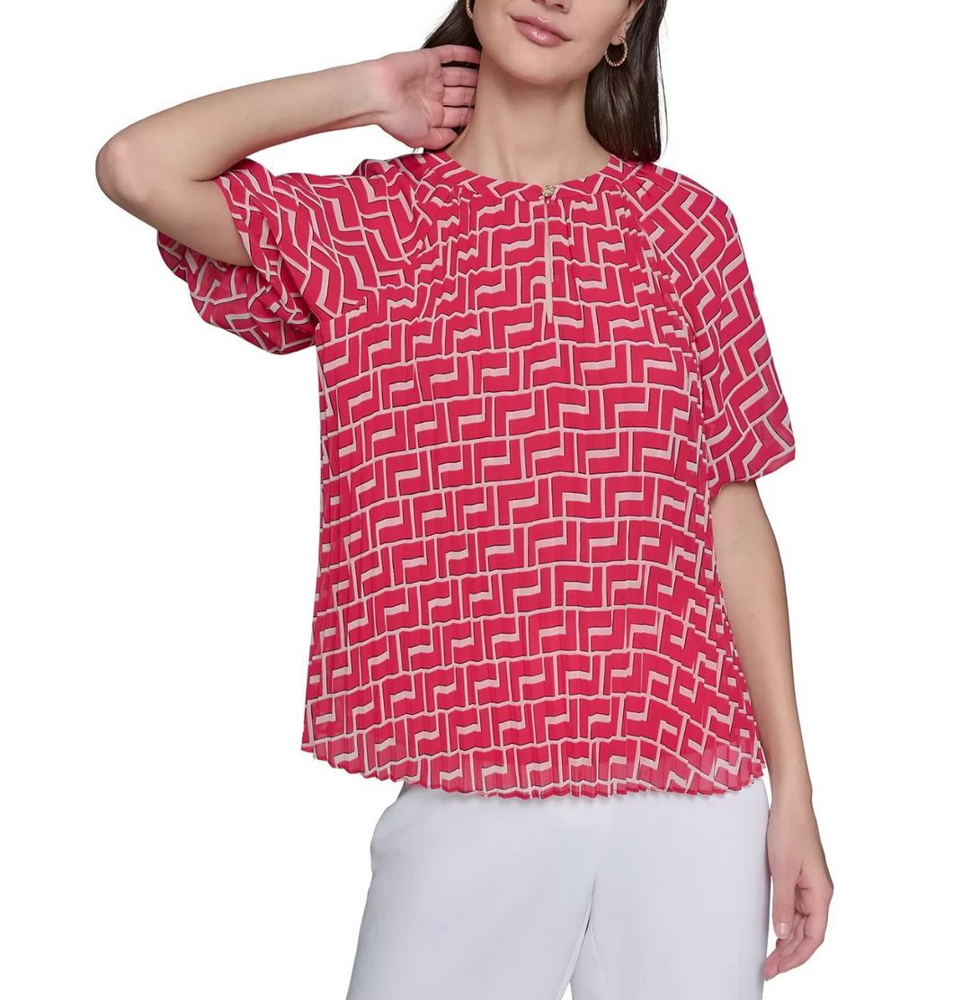 KARL LAGERFELD PARIS Women's Printed Chiffon Pleated Top MSRP $99