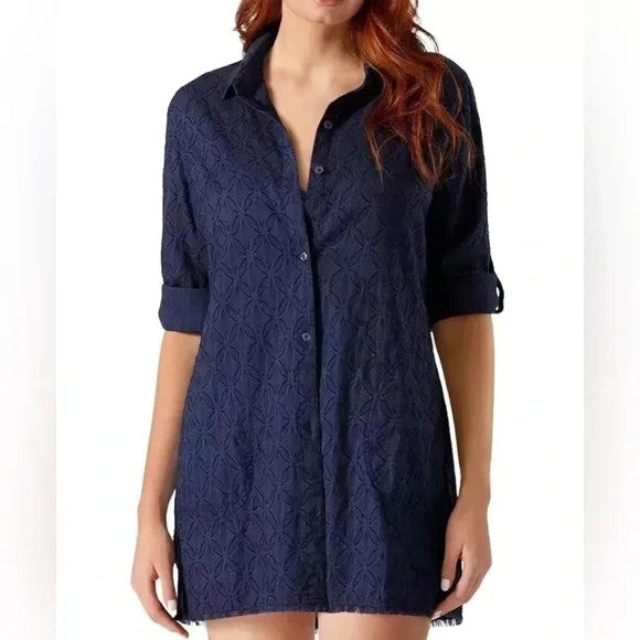 Tommy Bahama Cotton Clip Jacquard Boyfriend Shirt Swim Cover-Up MSRP $110