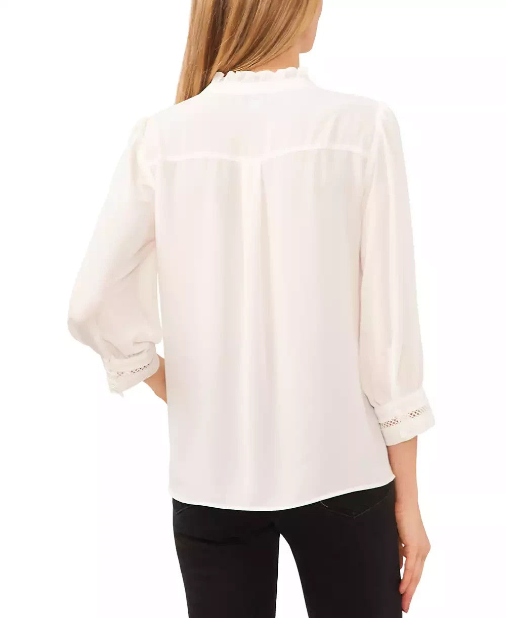 CeCe Lace Trimmed Pintuck 3/4-Sleeve Button Front Blouse MSRP $89