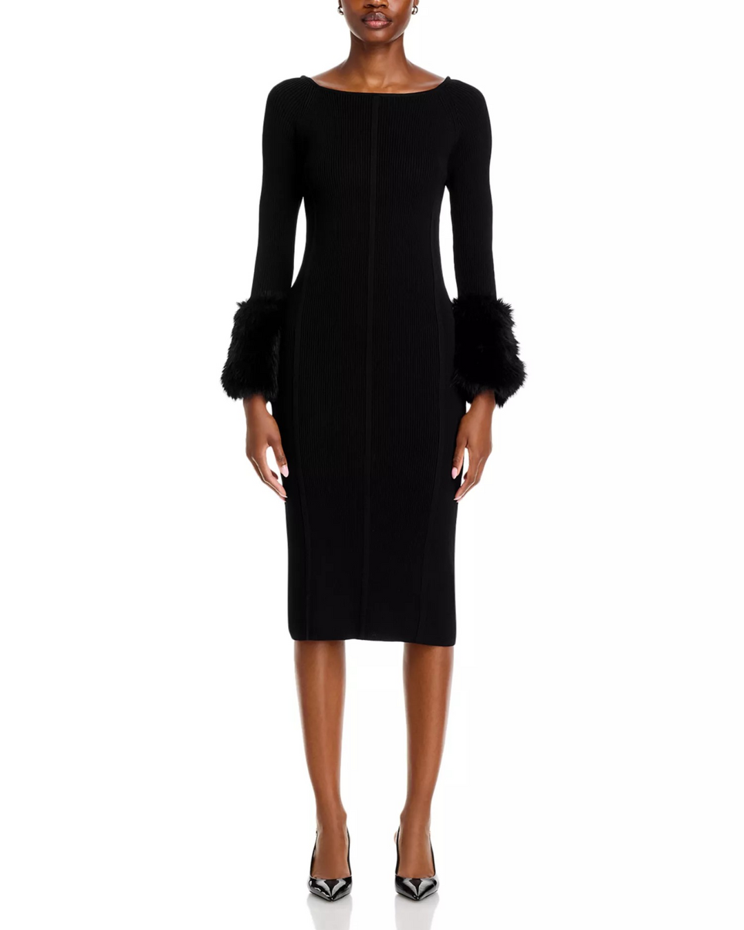 Adrienne Landau Flare Sleeved Faux Fur Cuff Rib Dress MSRP $275