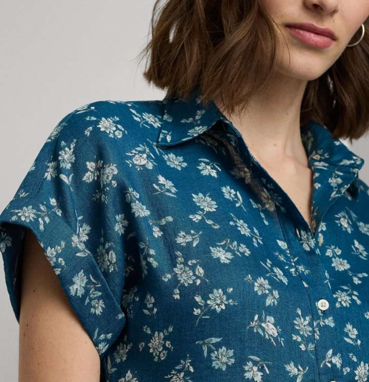 LAUREN Ralph Lauren Linen Cuffed Floral Shirt MSRP $115