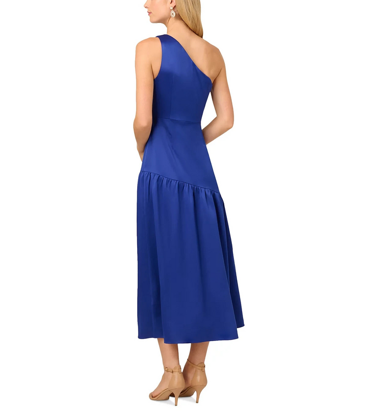 Adrianna Papell Satin Tea-Length One-Shoulder Dress MSRP $189