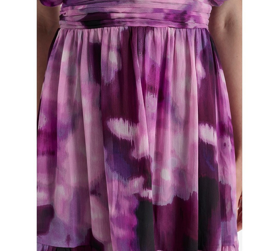 DKNY Women's Printed Ruched-Waist Blouson-Sleeve Dress MSRP $168