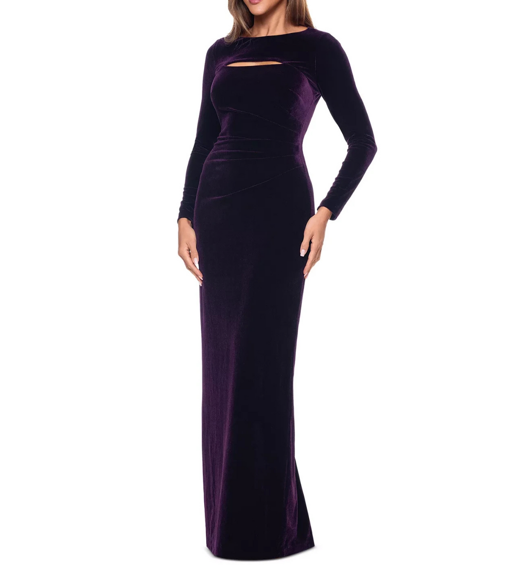 XSCAPE Boat-Neck Long-Sleeve Ruched Velvet Dress 